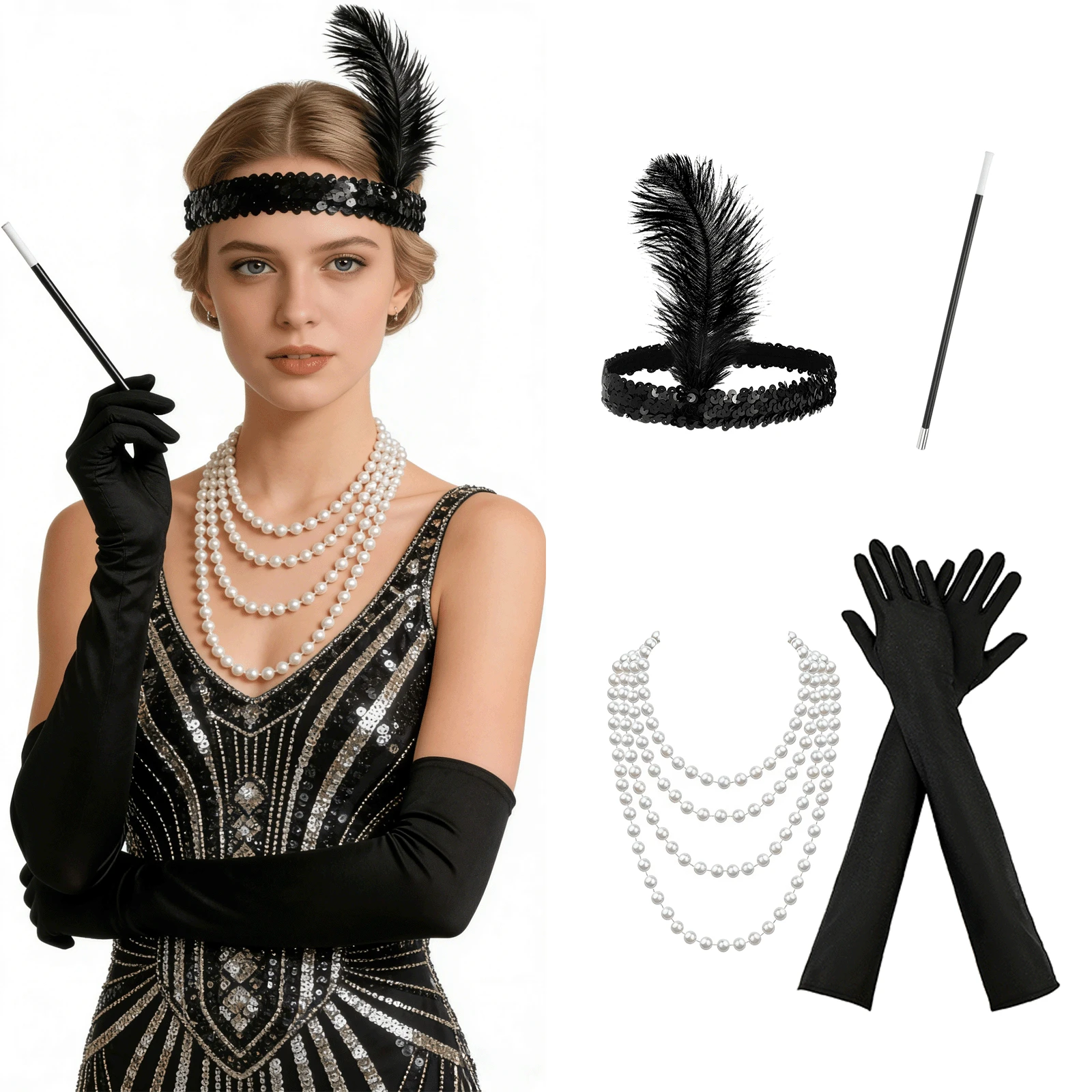 4pcs 1920s Women's Accessories Set, Includes 1 Feather Headpiece, 1 Necklace, 1 Cigarette Holder, And 1 Pair Of Gloves, Roaring 20s Flapper Costume Accessories, Feather Headpiece, Suitable For Theme Parties, Masquerade Balls, Festivals, And Vintage-Style Weddings (Black), Retro Elegant Sexy High-End Headpiece 4-Piece Halloween Party Set - Black - View 1