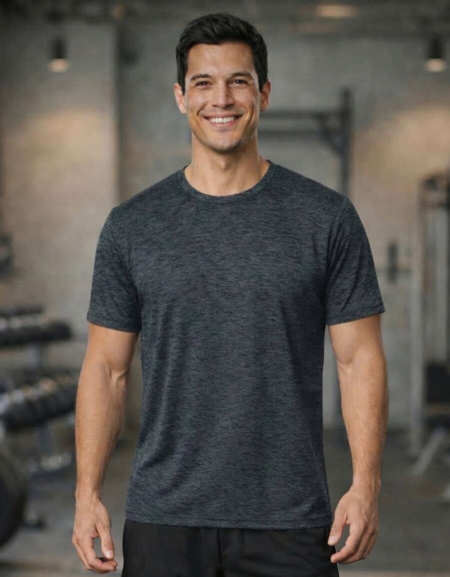 Men's Dry Fit T-Shirt, Heather Gray, Traditional Style, For Gym, Training, Running, Cycling, And Sports. - 黑色 - 查看 1