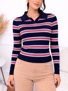 Women's Ribbed Striped Polo Shirt With Long Sleeves, Basic, Casual, And Elegant Style For Winter And Cold Weather. - 藏蓝色 - 查看 3
