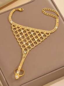 Fashionable Elegant Sexy Women's Personalized Grid Bracelet, Copper Inlaid With Rhinestones, Wrap-Around Bracelet, Finger Chain, Suitable For Balls And Parties (Random Number Of Beads On The Chain) - Gold Luxury Mitten Bracelet - View 5
