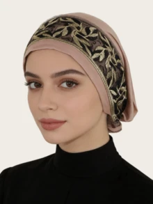 1件装女士时尚优雅穆斯林头巾，带刺绣滚边，马来西亚风格，方便佩戴 - 樹葉花邊頭巾多色 - 查看 4