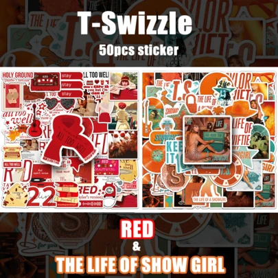 50张T-SWIZZLE歌舞女郎生活主题贴纸套装，适用于行李箱、笔记本电脑、自行车、摩托车、文具、踏板车、家具、冰箱、手机、杯子、头盔、汽车等，是送给朋友、家人和粉丝的绝佳礼物。