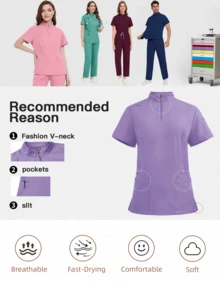 2-Piece Wine Red Solid Color Scrub Set For Women Soft Polyester-Spandex Stretch Work Uniform With Multiple Pockets Comfort Fit - 酒紅色 - 查看 7