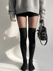 1/3/5雙女款春夏熱銷打底褲，拼接網格褲襪，超薄夏季打底褲，性感純色魚網襪，派對夜店風趣味絲襪，時尚街頭派對必備 - 黑色 - 查看 4