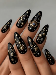 24 Stücke schwarze und goldene augenförmige sternförmige Nachtwäsche Panzer Aufklebe-Fake-Nägel Nagelzubehör Nagelkunst Y2K Nägel Mandelform Nägel - Schwarz - Übersicht 8