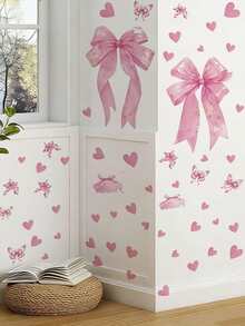 3pcs Watercolor Pink Bow Theme Wall Stickers, Heart Butterfly/Cherry/Lace Heart Ribbon Pattern, Sweet Girl Style Self-Adhesive Removable PVC Wall Decals, DIY Decoration, Suitable For Girls Bedroom, Dorm And Princess Room - Wall Stickers - View 3