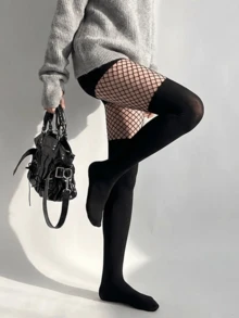 1/3/5雙女款春夏熱銷打底褲，拼接網格褲襪，超薄夏季打底褲，性感純色魚網襪，派對夜店風趣味絲襪，時尚街頭派對必備 - 黑色 - 查看 6