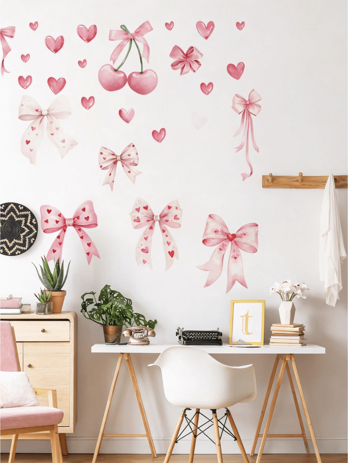3pcs Watercolor Pink Bow Theme Wall Stickers, Heart Butterfly/Cherry/Lace Heart Ribbon Pattern, Sweet Girl Style Self-Adhesive Removable PVC Wall Decals, DIY Decoration, Suitable For Girls Bedroom, Dorm And Princess Room - Wall Stickers - View 1