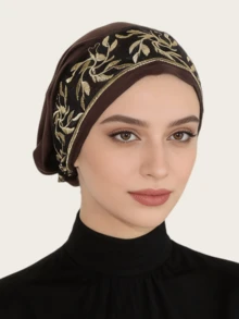 1件装女士时尚优雅穆斯林头巾，带刺绣滚边，马来西亚风格，方便佩戴 - 樹葉花邊頭巾多色 - 查看 6