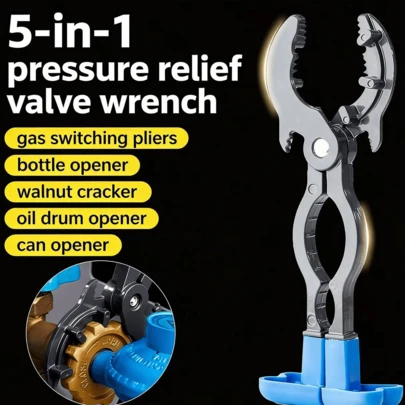 Bộ dụng cụ 5 trong 1 gồm cờ lê điều chỉnh áp suất khí, kìm mở chai đa năng, dụng cụ mở lon hạng nặng dùng cho bình khí, thùng dầu, quả óc chó.