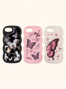 3pcs Butterfly Series Shock-Absorbing Phone Cases, 3D Stereoscopic Wavy Edges, Fashionable TPU Phone Cases, Creative And Stylish Wavy Pattern Full Coverage Anti-Drop Phone Cases In Black, Beige, And Pink Compatible With Iphone Air/17/17 Pro/17 Pro Max, Compatible With IPhone 13, Phones - Multicolor - View 63