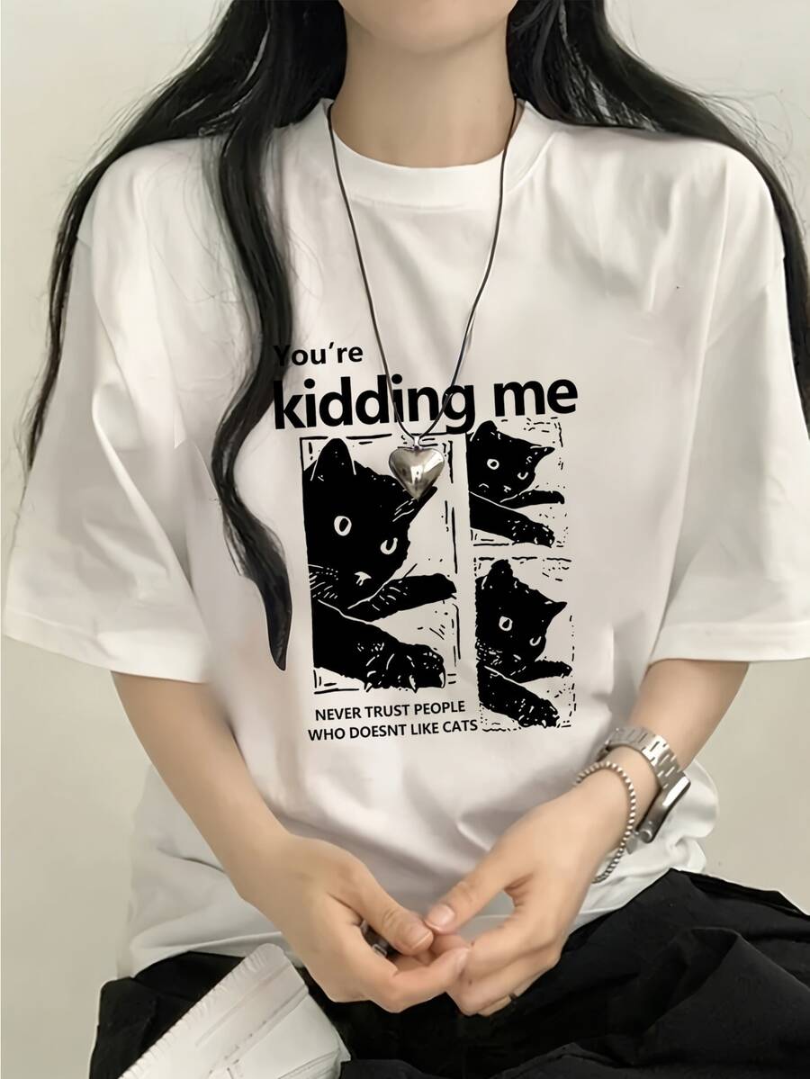 Áo thun nữ tay ngắn cổ tròn màu trắng cơ bản, in hình bé gái dễ thương, chất liệu vải dệt kim, chiều dài tiêu chuẩn, hơi co giãn. - trắng - Xem 1