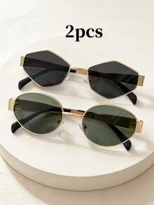 2 chiếc kính thời trang hình bầu dục và hình thoi cổ điển dành cho nữ, phù hợp cho cả nam và nữ khi đi làm, đi biển, đi nghỉ và chụp ảnh đường phố - Kim cương vàng-xám + vàng-xanh tròn - Xem 5