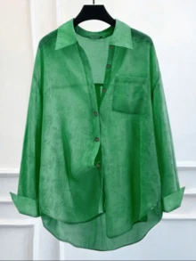 Printed Lapel Single-Breasted Loose Long Sleeve Women Shirt Spring - Grass Green - View 6