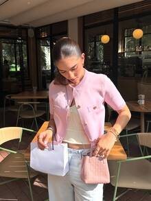 夏季秋季女款優雅時尚針織短袖上衣，街頭通勤休閒穿搭 粉色 - 粉色 - 查看 4
