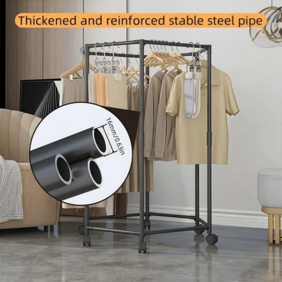 1 pieza Perchero de ropa giratorio hexagonal con ruedas, perchero de ropa rodante de gran resistencia, ahorro de espacio, perchero de pie de metal resistente con varillas múltiples, adecuado para dormitorio, dormitorio y balcón, perchero de ropa giratorio