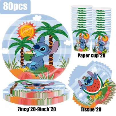 80pcs Stitch-Themed Disposable Tableware Set [7in Paper Plates, 9in Paper Plates, Napkins, Cups] - 20-Person Party Supplies Set, Suitable For Birthdays, Weddings, Themed Parties, Family Picnics