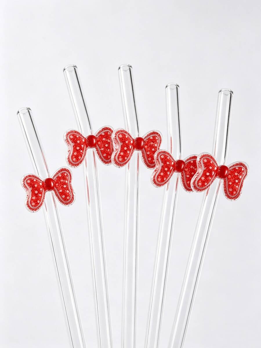1pc Reusable Cute Red Polka Dot Bow Tie Glass Straw, Bent Straw Suitable For Beverages, Ideal Gift For Women On Holidays, Christmas, Parties, Bars, Home Use