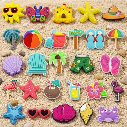 27Pcs Summer Beach Vacation Clog Shoe Decoration Charms Bulk Assorted Cute Theme For Slides, Clog Sandals