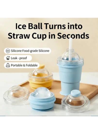 1pc Portable Foldable Silicone Ice Cup With Built-In Straw, Creative Ice Ball Maker, 2-In-1 Ice Mold Bottle For Outdoor Travel, Home Use, Summer, Mother's Day, Father's Day, Summer Holiday Gift