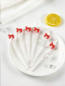 1pc Reusable Cute Red Polka Dot Bow Tie Glass Straw, Bent Straw Suitable For Beverages, Ideal Gift For Women On Holidays, Christmas, Parties, Bars, Home Use - Style B - View 6