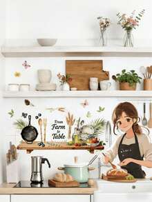 Healing Countryside Kitchen Theme Wall Stickers, 3 Designs Of Baking Girl, Fruits And Vegetable Kitchen Utensils To Choose From, PVC Waterproof And Oil-Proof Self-Adhesive, For Cabinets, Tiles, Sideboards, DIY Wall Decorations - Wall Stickers - View 1