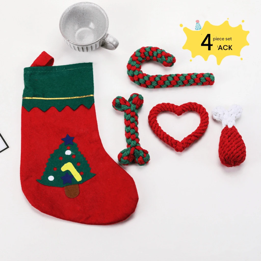 Juguetes de cuerda de algodón para el cuidado dental de perros, juego de juguetes para mascotas como regalo de Navidad - Rojo - Ver 1