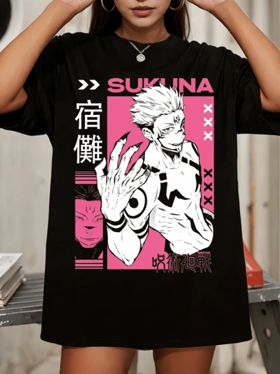 Camiseta gráfica R-Ryomen S-Sukuna, camiseta oversized de algodão com estampa de vilão de anime, estilo streetwear Y2K, presente para fãs.