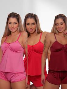 Kit Short doll Liganete Liso Curto Sensual Pijama Baby Doll Com Alças Para Noites Fresquinho CONFORT - 3 SHORT DOLL CORES VARIADAS - Visão 5