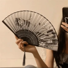 1 chiếc quạt giấy kiểu Trung Quốc vẽ mực đen, kiểu cổ truyền, có tua rua, quạt tre Hanfu cầm tay, thích hợp cho mùa hè và ngày lễ. - Nâng cấp nhiều màu - Xem 3