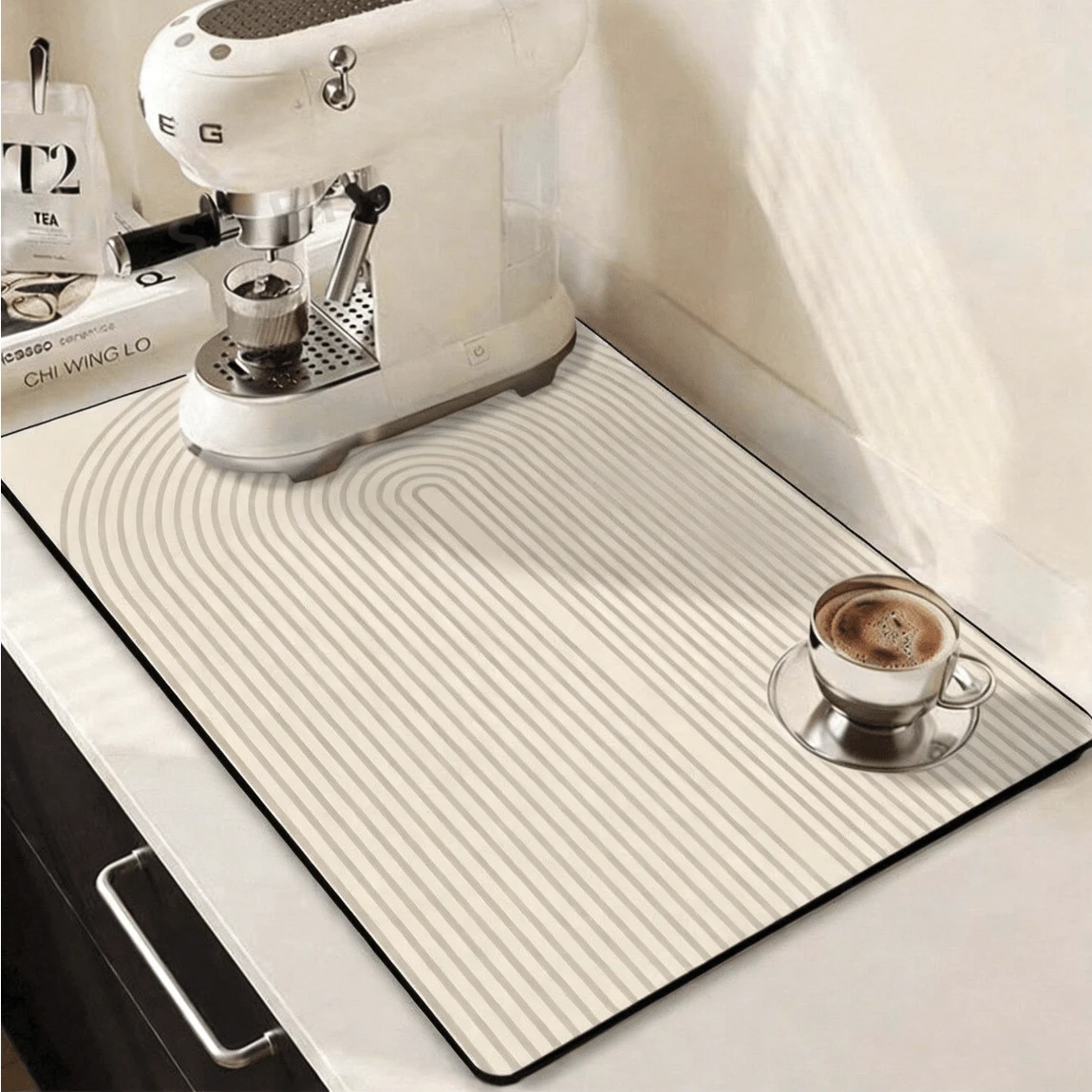 1pc, Geometric Pattern Line Style Drain Mat, Diatomaceous Earth Kitchen Drain Mat, Bowl And Dish Drying Mat, Washable Bar Absorbent Mat, Heat Insulation Mat, Desktop Protection, Home Kitchen Dining Table Decoration, Tableware Accessories