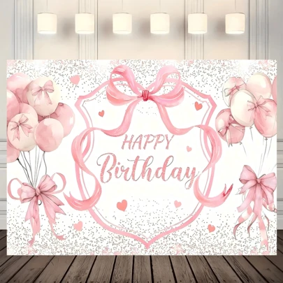 1 pieza Tela de fondo de cumpleaños con lazo rosa, hecha de tela de poliéster, duradera y lavable. Adecuada para fiestas de cumpleaños, reuniones temáticas, fondo de fotografía, decoración de sorpresa de cumpleaños, sala de estar, jardín, decoración de pasillos. Disponible en múltiples tamaños.