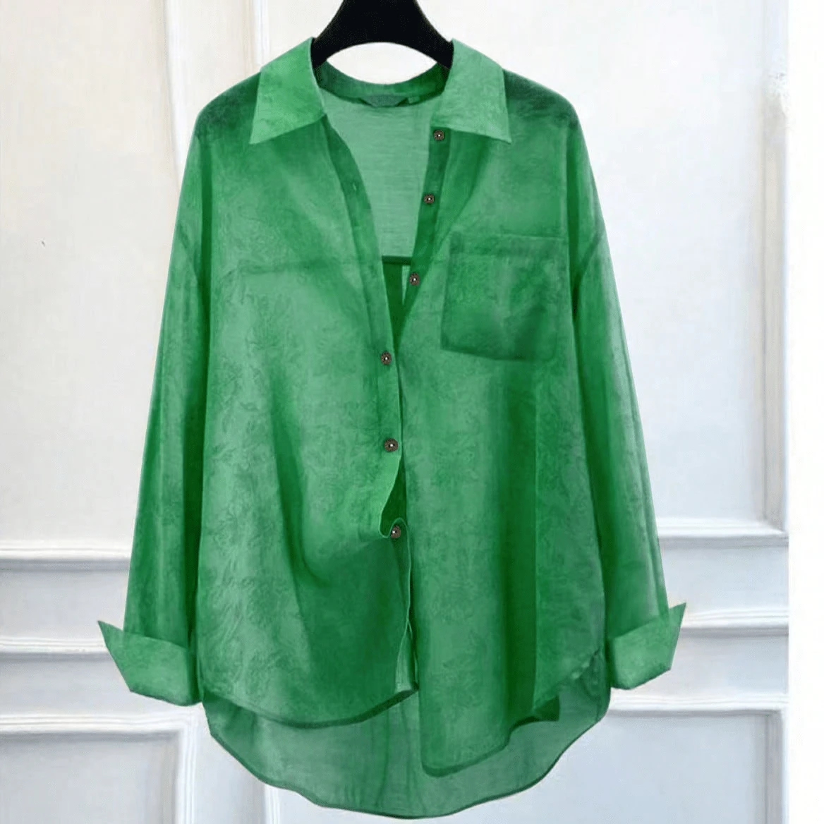 Printed Lapel Single-Breasted Loose Long Sleeve Women Shirt Spring - Grass Green - View 1