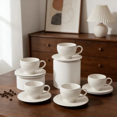 6Set/1Set White Swirl Embossed Wave Pattern Ceramic Coffee Cup And Saucer Set, Vintage European Style Porcelain Teacups, Dishwasher Afternoon Tea Cup Gift Set For Espresso/Latte, Home Kitchen, Cafe, Table Decor & Gifting,Italian Espresso Coffee