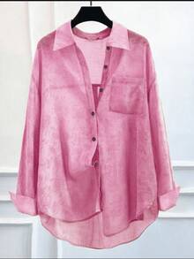 Printed Lapel Single-Breasted Loose Long Sleeve Women Shirt Spring - Baby Pink - View 7