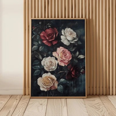 1 Pc, Canvas Wall Art, Framed Wall Decor, Stylish Home Decor, Vintage Rose Bouquet Wall Art-Antique Floral Canvas Featuring Red, Blush, And Cream-Colored Roses On A Dark Background, Romantic Victorian-Style Poster, Kitchen Wall Decor, Wall Art, Poster, Framed Wall Art, Room Decor, Bedroom Decor, Room Decor, Poster, Wall Decor, Bathroom Decor, Living Room Decor, Kitchen Decor - Canvas (Optional Frame)