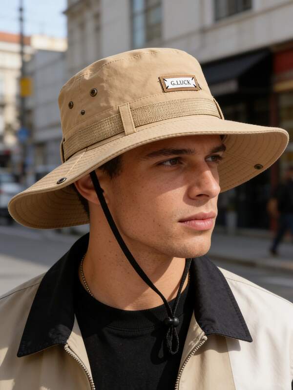 1 pieza Sombrero de cubo versátil y de moda con etiqueta de cuero, resistente al viento, protección UV, diseño 3D, plegable, elegante, suave y cómodo, transpirable, multifuncional, favorecedor, adecuado para la playa, exteriores, viajes, senderismo, ciclismo, citas y diversas ocasiones
