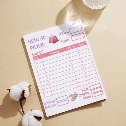 Block SIN CARTÓN, de 50 hojas, de pedidos tamaño media carta, ideal para llevar el control de manera práctica y organizada. Diseño en tonos rosa y morado, sin portada, perfecto para emprendedoras, negocios pequeños y uso diario. Ligero, funcional y fácil de transportar.