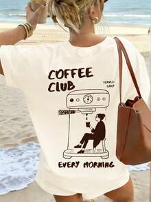Camiseta gráfica con café servido diariamente, estampado retro de máquina de café, camiseta de manga corta casual y acogedora para amantes del café - Albaricoque - Ver 3