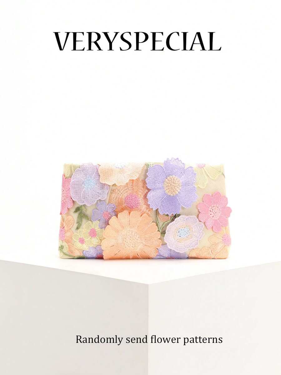 1 pieza Bolso de embrague de tela de lino bordada con malla de red y flores de colores, bolso de mano con patrón de nube de lentejuelas de moda con correa de cadena desmontable, adecuado para fiesta de noche, casual, vacaciones (diseño de flores y lentejuelas enviado al azar) - Beis - Ver 1
