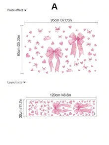 3pcs Watercolor Pink Bow Theme Wall Stickers, Heart Butterfly/Cherry/Lace Heart Ribbon Pattern, Sweet Girl Style Self-Adhesive Removable PVC Wall Decals, DIY Decoration, Suitable For Girls Bedroom, Dorm And Princess Room - Wall Stickers - View 5