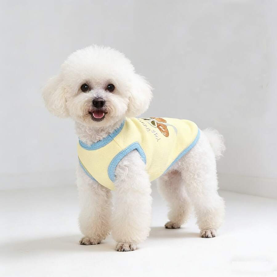 可爱牛角面包图案狗狗T恤，撞色滚边，适合泰迪犬、贵宾犬、小型犬，春秋季宠物服装，透气防掉毛宠物服 - 黃色 - 查看 1