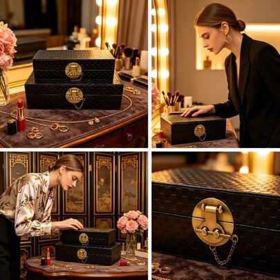 1 件装人造革首饰盒，带盖，现代家居装饰，首饰收纳盒，装饰整理盒，黑色 3D 网格图案和古铜色锌合金五金件，经典纯素皮革，新中式风格收纳盒，大号和小号（黑色）