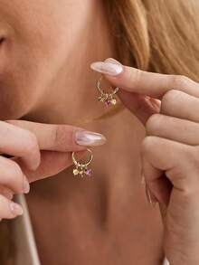 Bông tai đá quý theo tháng sinh, bông tai vòng đá quý cá nhân hóa, quà tặng Ngày của Mẹ cho phụ nữ, bông tai đinh tán vàng đá quý thanh lịch - Vàng - Xem 4