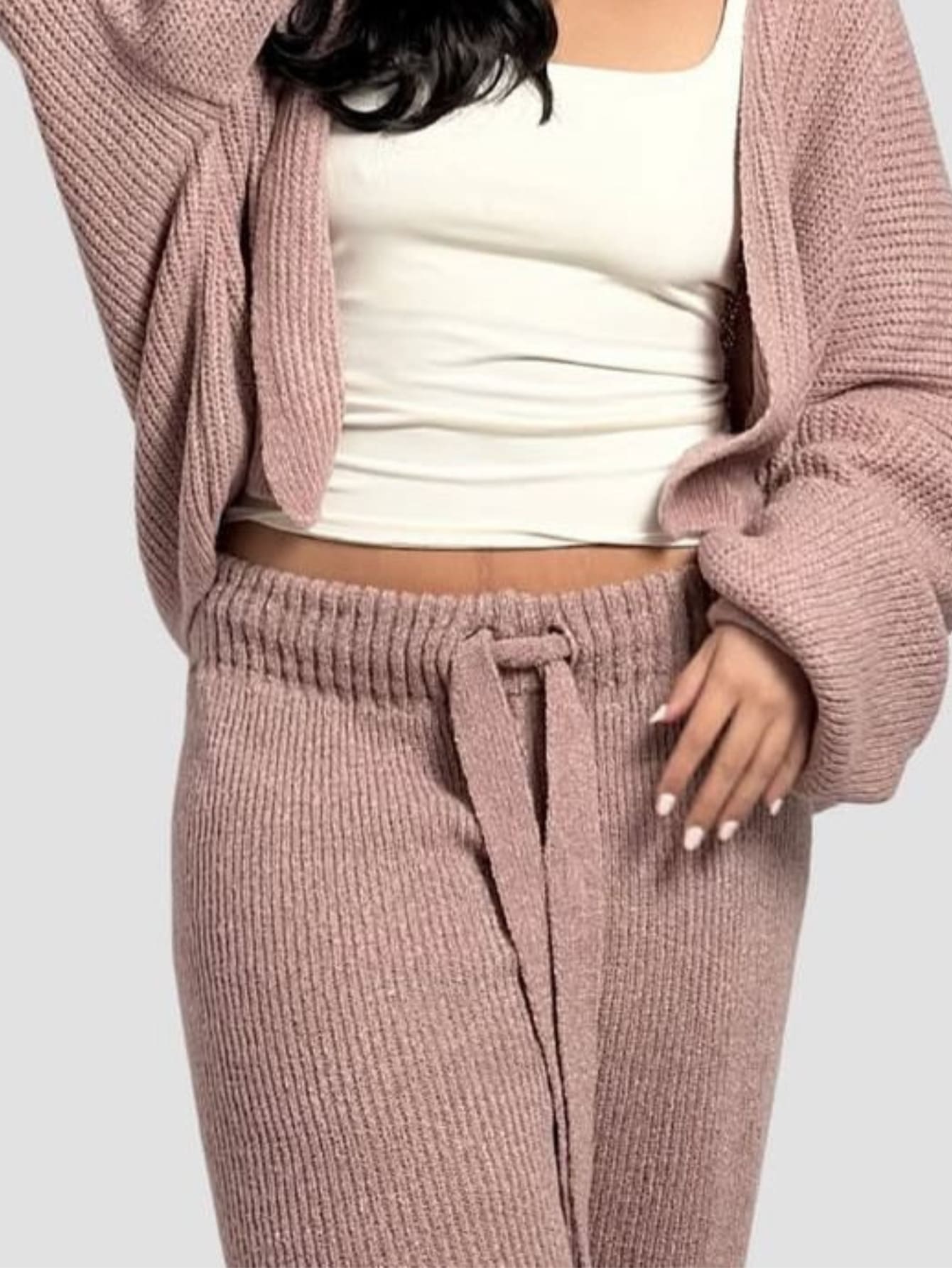 Premium Mousse Knit Palazzo Pants With Tie Detail, Mousse Yarn Knit, Blogger Style - Old Rose - View 1