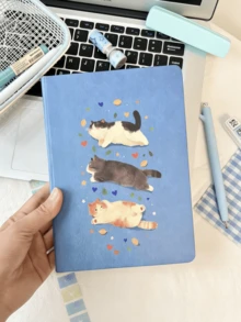 1 pieza Cuaderno en blanco tamaño A5 con diseño de 3 gatos, cuaderno de estudiante de alta calidad, bloc de notas grueso en blanco, artículos de papelería para estudiantes, suministros de aprendizaje, suministros de oficina, adecuado como regalo de cumpleaños o Navidad, esencial para volver a la escuela - Cuaderno de tres gatos - Ver 1