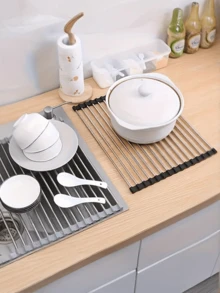 1个16.92*11.81英寸不锈钢折叠式碗碟晾干架，多功能厨房水槽收纳架，可放置碗碟、蔬菜和水果，有效利用水槽空间！ - 1件 - 查看 8