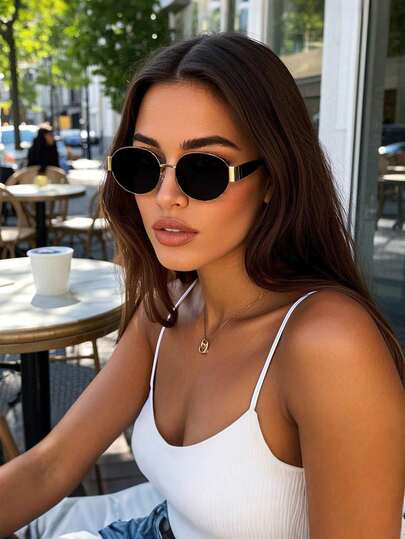1 par de gafas de moda ovaladas para mujer, marcos de gafas de metal negro retro y con estilo, accesorio de playa, regalo básico de negocios casuales para estudiantes universitarios, otoño/invierno