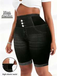 Plus Size Fashion Faux Denim Shorts, Fitted Bermuda Knee Length Inseam, Faux Button Detail, Medium Stretch Fabric, Casual Women's Spring/Summer Wear Black - Black - View 3