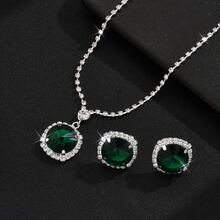 Minimalist Niche Design Emerald Necklace & Earrings Jewelry Set, Suitable For Women's Daily Wear, All Seasons - Green - View 2